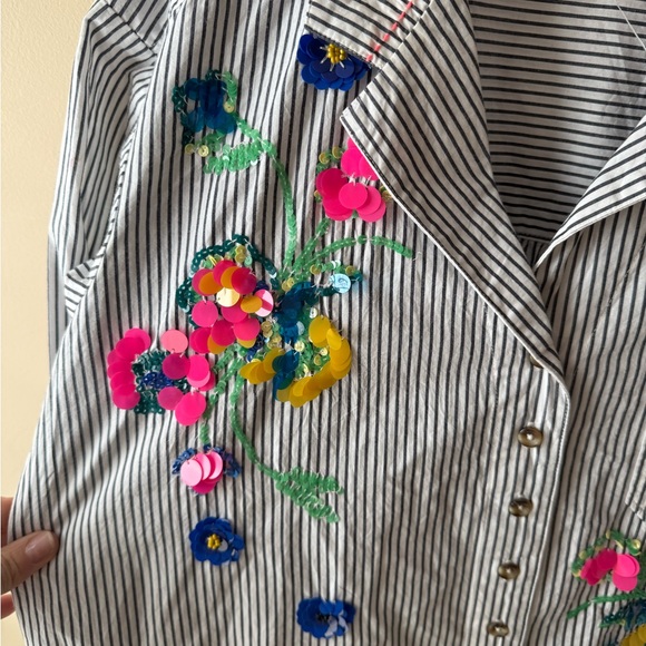 Anthropologie Maeve Floral Sequin Striped Cotton Button-down Shirt - 00 - Picture 4 of 7